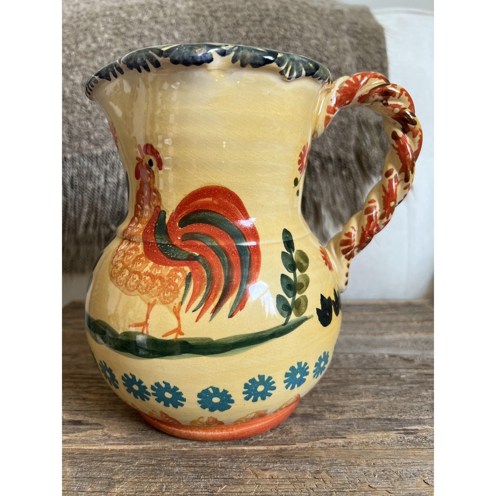 Vintage Italica Ars Hand Painted Italy Rooster Pitcher Pottery Farmhouse Vase